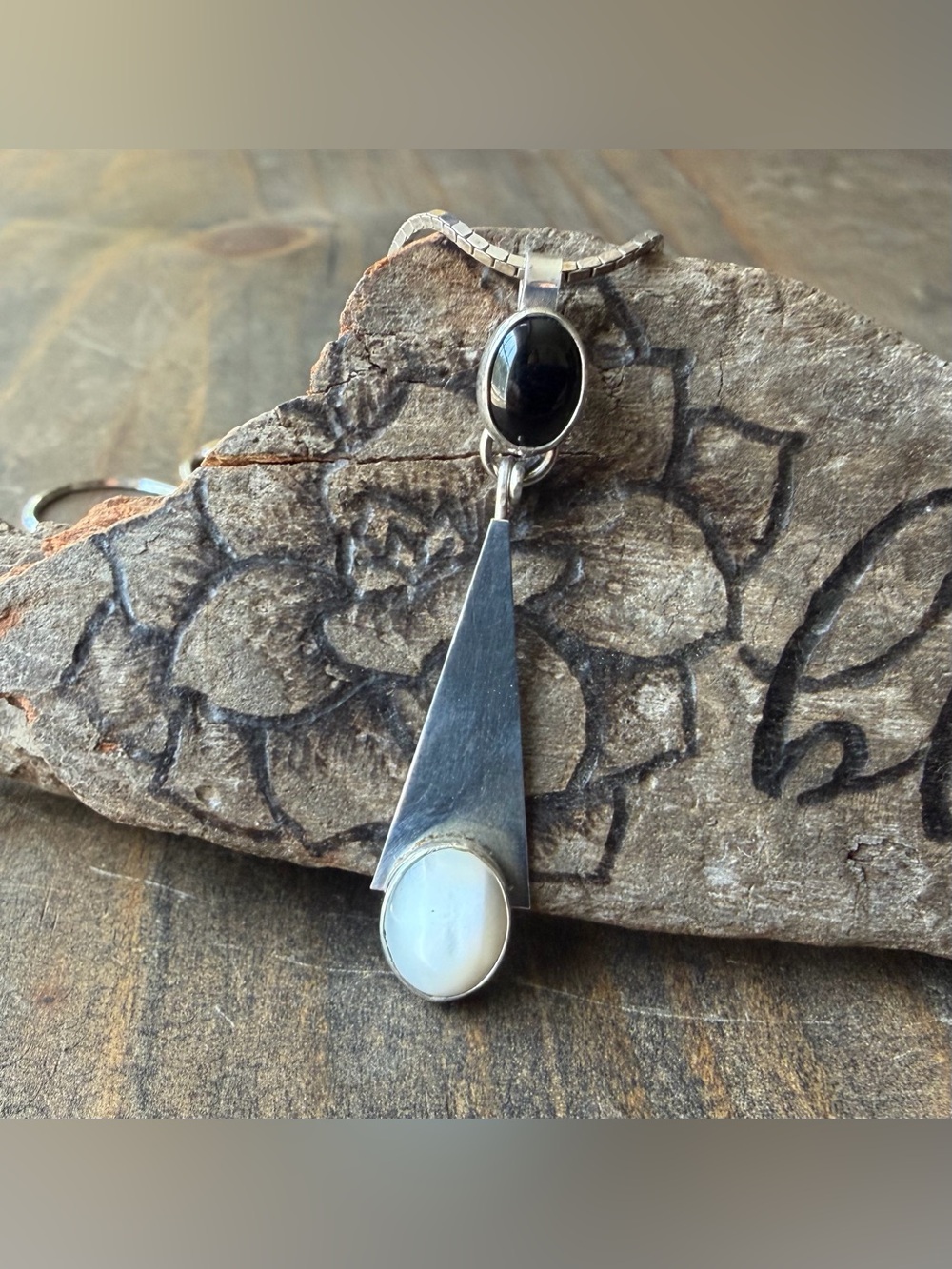 Sterling Silver Black Onyx and White Moonstone Drop Pendant Necklace